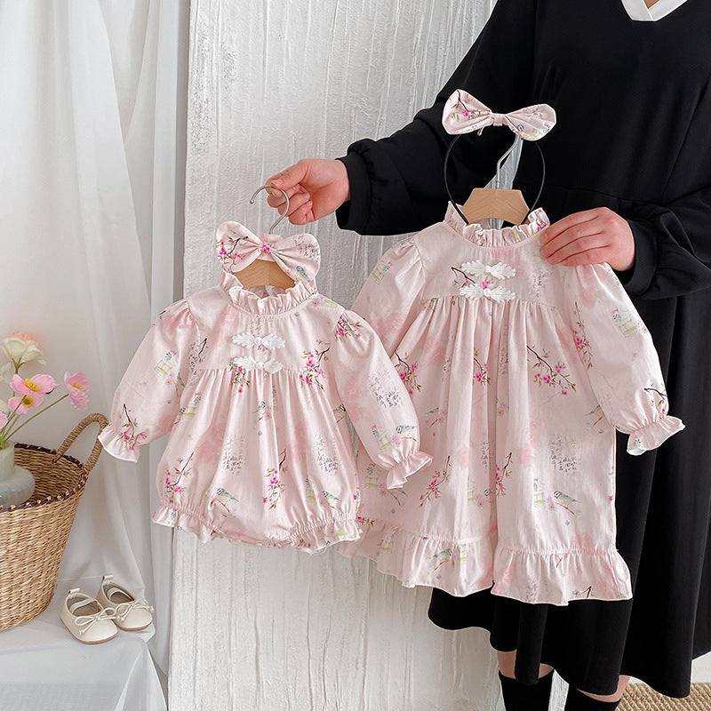 Long Sleeve Baby Girl Triangle Rompers Retro Tang Style Dress