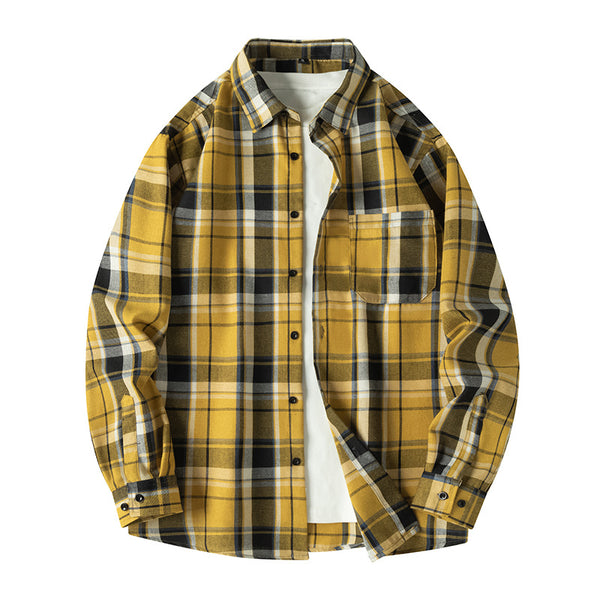 Veste à manches longues pour hommes, col à revers, chemise à carreaux rétro