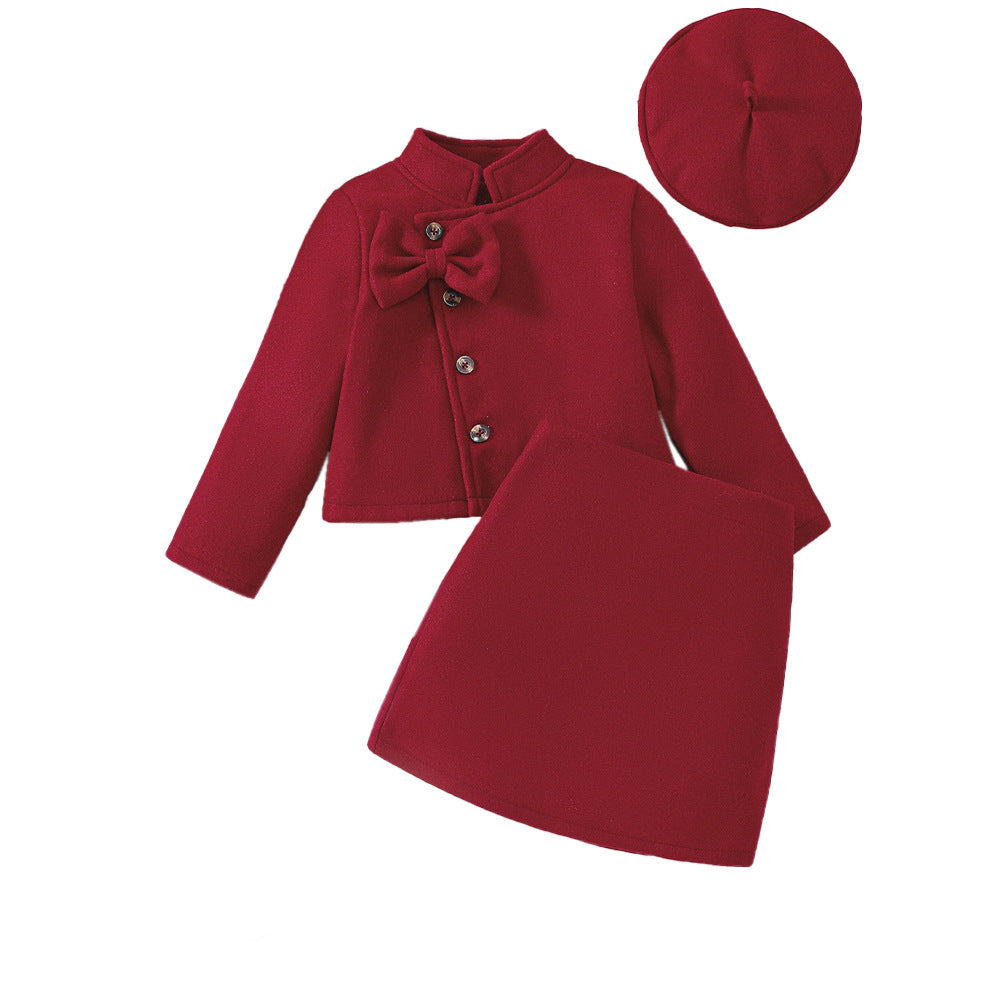 Woolen Bow Top Skirt Outfit