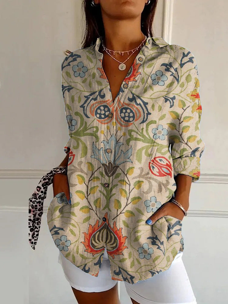 Womens Flowers Print Long Sleeve Shirt