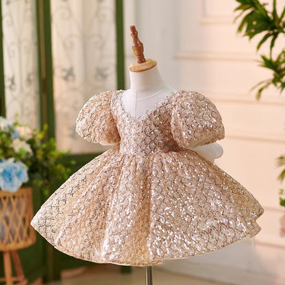 Golden Sequined Puff Sleeve Princess Dress