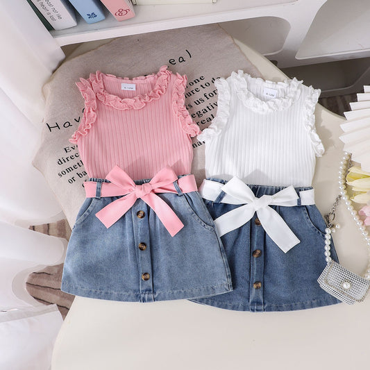 Girls Denim Skirt Three-Piece Set