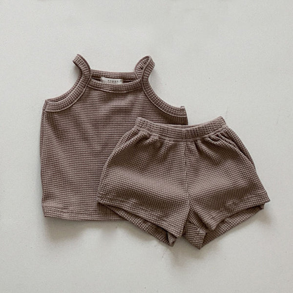 Infant CottonWaffle Suspender Shorts Suit