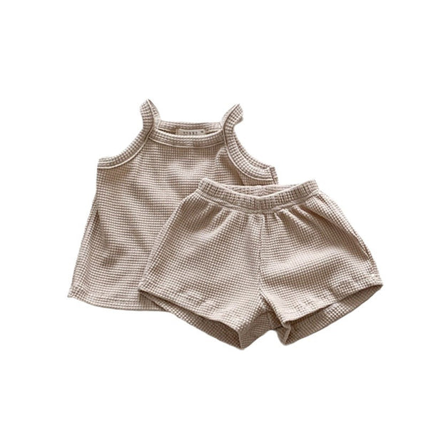 Infant CottonWaffle Suspender Shorts Suit