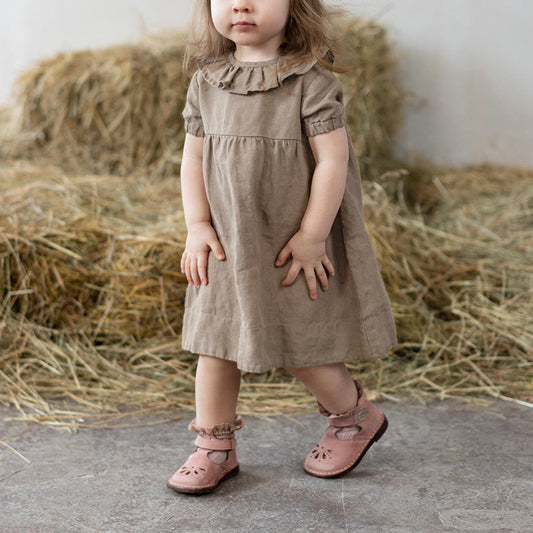 Ruffled Round Neck Waist Puff Sleeve Dress