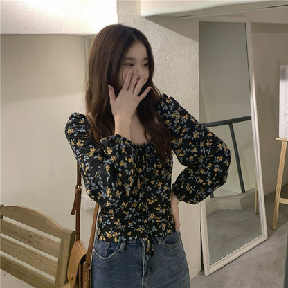Women's Square Collar Floral Long-sleeved Shirt