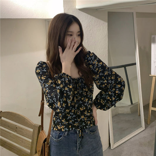 Women's Square Collar Floral Long-sleeved Shirt