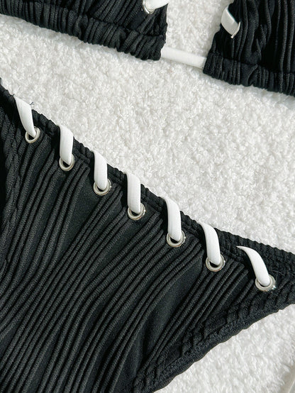 2025 Halter Wrinkled Weave Bikini Women Swimwear Female Swimsuit Two Pieces Bikini Set Brazilian Bathing Suit Swim Beach Wear