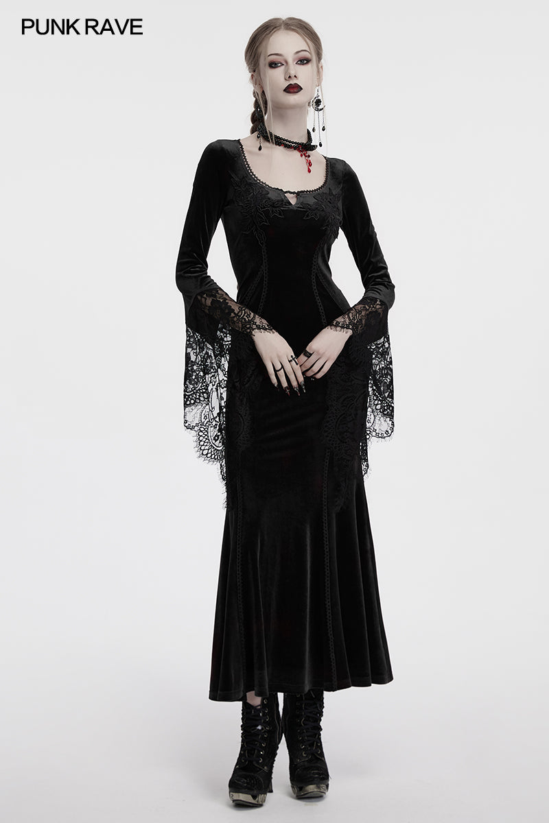 Robe noire en velours avec manches en dentelle Isolde de Punk Rave