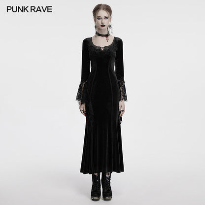 Robe noire en velours avec manches en dentelle Isolde de Punk Rave