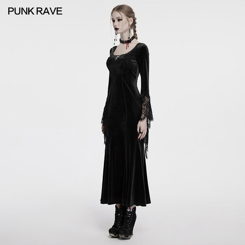 Robe noire en velours avec manches en dentelle Isolde de Punk Rave