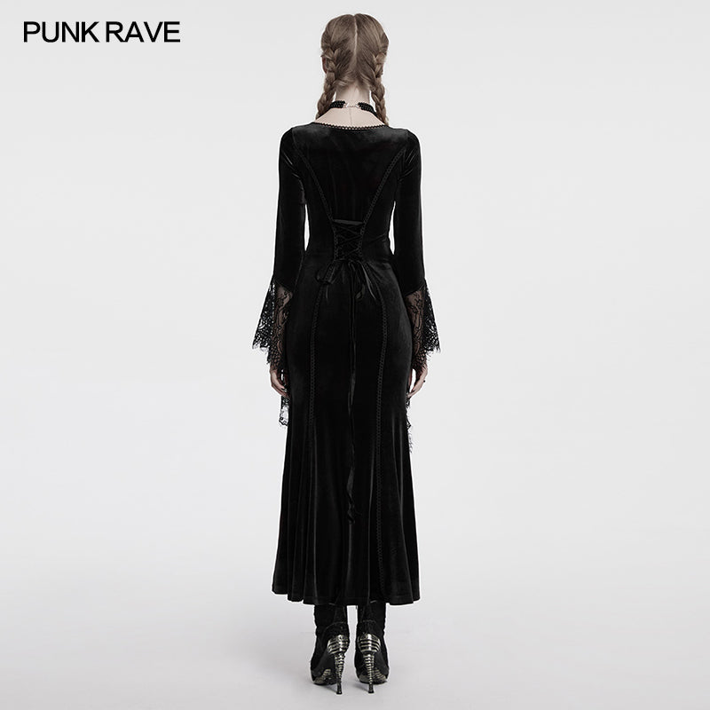 Robe noire en velours avec manches en dentelle Isolde de Punk Rave