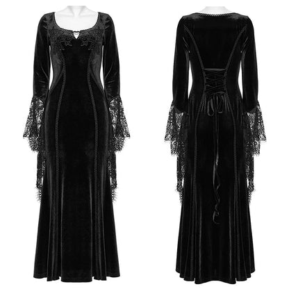 Robe noire en velours avec manches en dentelle Isolde de Punk Rave