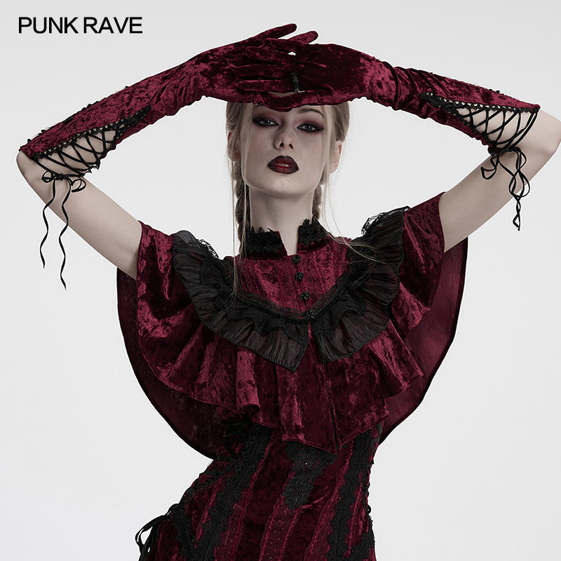 Gants en velours brodés Punk Rave Selene rouges
