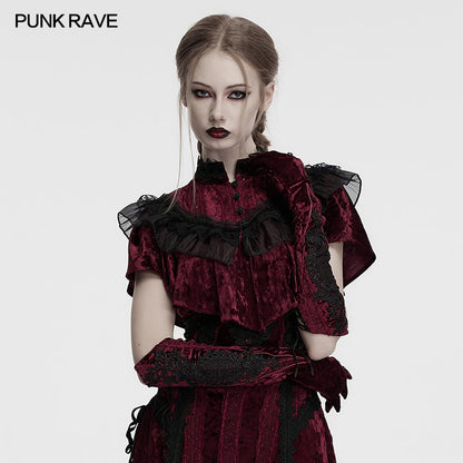 Gants en velours brodés Punk Rave Selene rouges