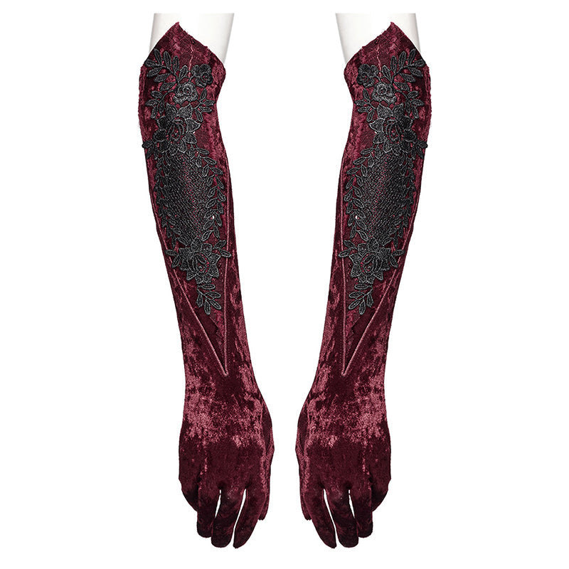 Gants en velours brodés Punk Rave Selene rouges