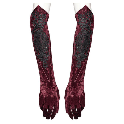 Gants en velours brodés Punk Rave Selene rouges
