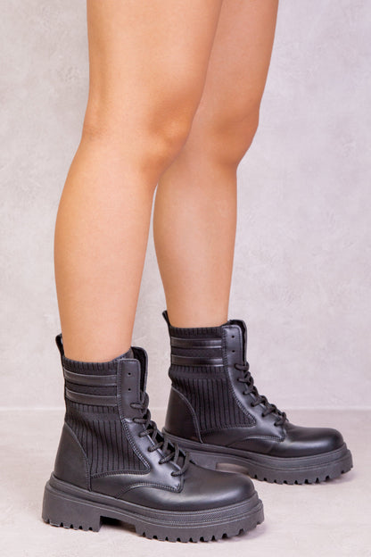 BONNIE CHUNKY ANKLE BOOT WITH KNITTED LEG FIT AND LACE UP IN BLACK