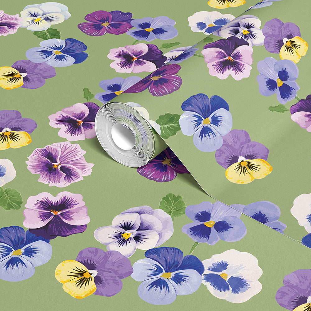 PANSY PARTY VINTAGE SOFT SAGE WALLPAPER