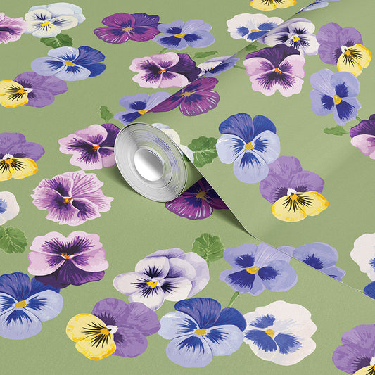 PANSY PARTY VINTAGE SOFT SAGE WALLPAPER