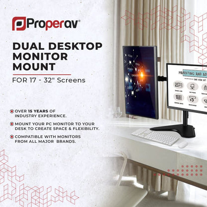 ProperAV Desk Monitor Stand 17" - 32" Dual Swing Arm Freestanding Base VESA Max 100x100