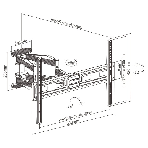 ProperAV TV Wall Bracket (37" - 75" / 45kg Capacity / VESA Max. 600x400) - Black