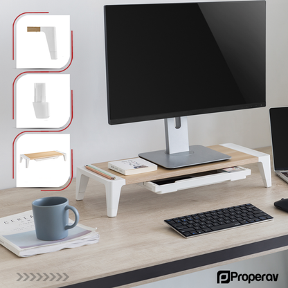 ProperAV Monitor Riser Stand with Height Adjustable with Drawer - Wood Effect