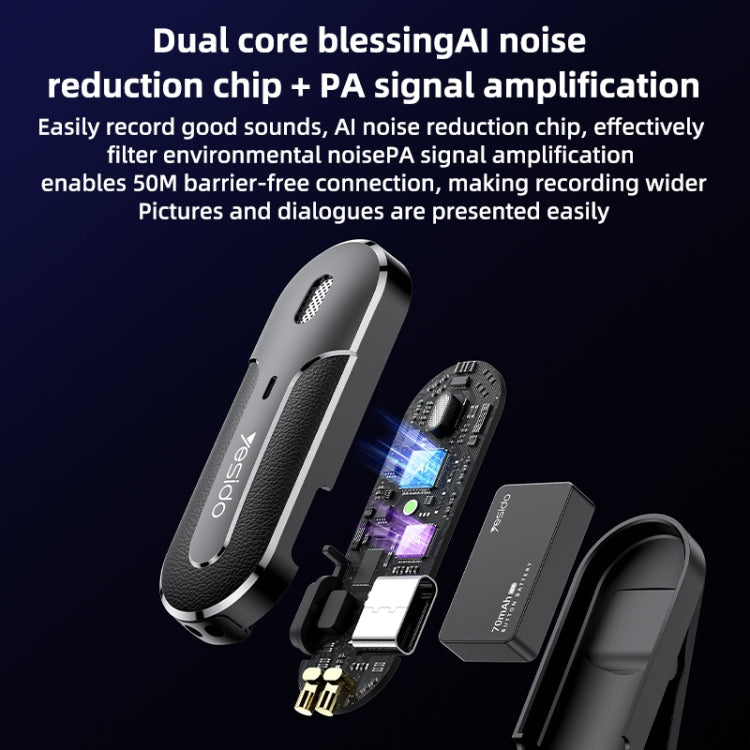 Microphone cravate sans fil 2 en 1 YESIDO KR17 avec récepteur Type-C et boîtier de charge
