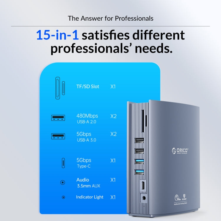 Station d'accueil HUB USB-C 15-en-1 ORICO CDH-15N-GY-BP