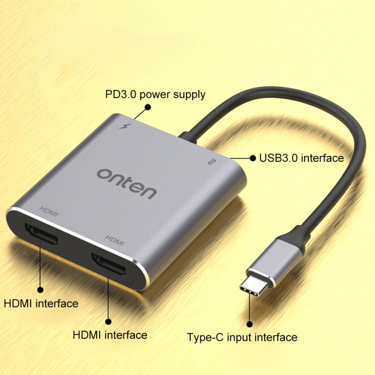 Onten 9175K Convertisseur vidéo HD 4K 4 en 1 USB-C / Type-C vers Double HDMI + USB 3.0 + Port de charge USB-C / Type-C PD3.0