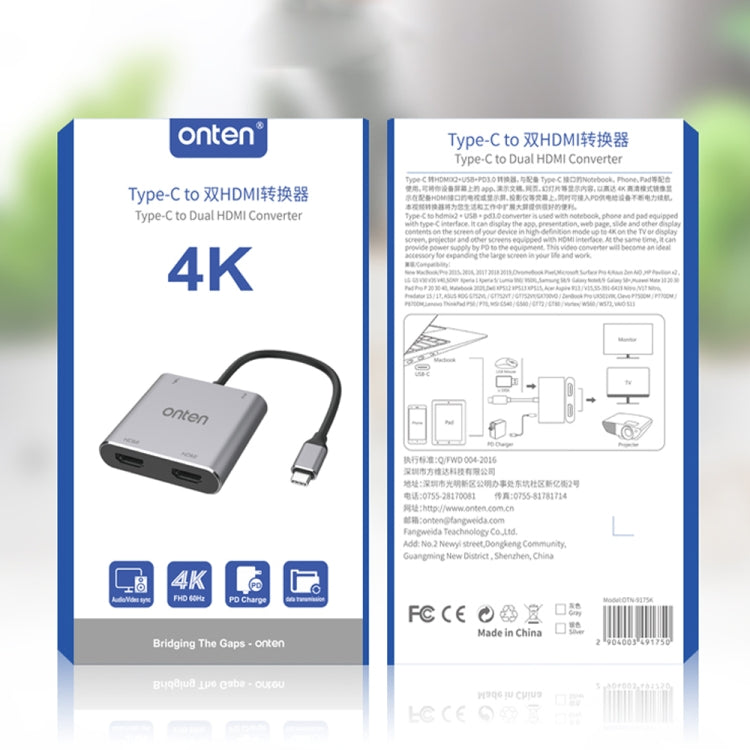 Onten 9175K Convertisseur vidéo HD 4K 4 en 1 USB-C / Type-C vers Double HDMI + USB 3.0 + Port de charge USB-C / Type-C PD3.0