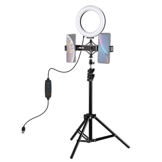 PULUZ 1.1m Tripod Mount + Live Broadcast Dual Phone Bracket + 6.2 inch 16cm LED Ring Vlogging Video Light Kits