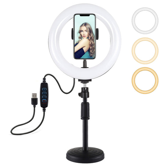 PULUZ 7,9 pouces 20cm Lampe + Support de Bureau Rond USB 3 Modes Gradable Double Température de Couleur LED Lumière Annulaire Incurvée pour Vlogging, Selfie, Photographie et Vidéo avec Pince de Téléphone (Noir)
