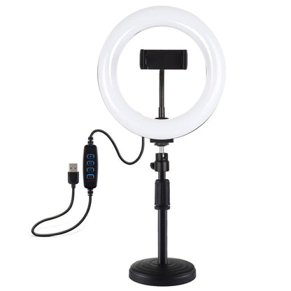 PULUZ 7.9 inch 20cm Light+ Round Base Desktop Holder USB 3 Modes Dimmable Dual Color Temperature LED Curved Light Ring Vlogging Selfie Photography Video Lights with Phone Clamp(Black)