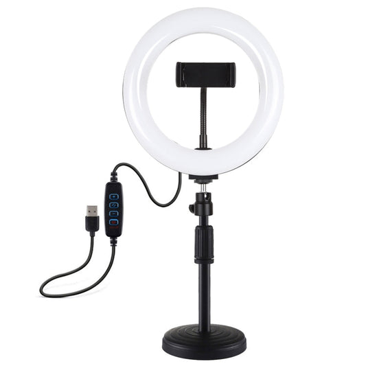 PULUZ 7,9 pouces 20cm Lampe + Support de Bureau Rond USB 3 Modes Gradable Double Température de Couleur LED Lumière Annulaire Incurvée pour Vlogging, Selfie, Photographie et Vidéo avec Pince de Téléphone (Noir)