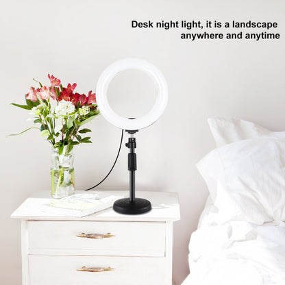 PULUZ 7.9 inch 20cm Light+ Round Base Desktop Holder USB 3 Modes Dimmable Dual Color Temperature LED Curved Light Ring Vlogging Selfie Photography Video Lights with Phone Clamp(Black)