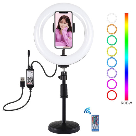 PULUZ 7,9 pouces 20 cm lumière RGBW + support de bureau à base ronde, anneau lumineux LED incurvé à température bicolore, dimmable, pour vlogging, selfies, photographie, vidéo, avec pince pour téléphone (noir)