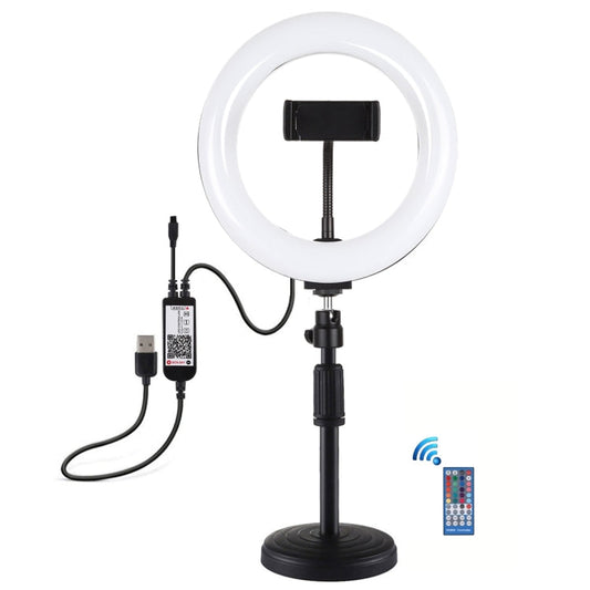 PULUZ 7,9 pouces 20 cm lumière RGBW + support de bureau à base ronde, anneau lumineux LED incurvé à température bicolore, dimmable, pour vlogging, selfies, photographie, vidéo, avec pince pour téléphone (noir)
