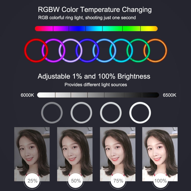 PULUZ 7.9 inch 20cm RGBW Light + Round Base Desktop Mount Dimmable LED Dual Color Temperature LED Curved Light Ring Vlogging Selfie Photography Video Lights with Phone Clamp(Black)