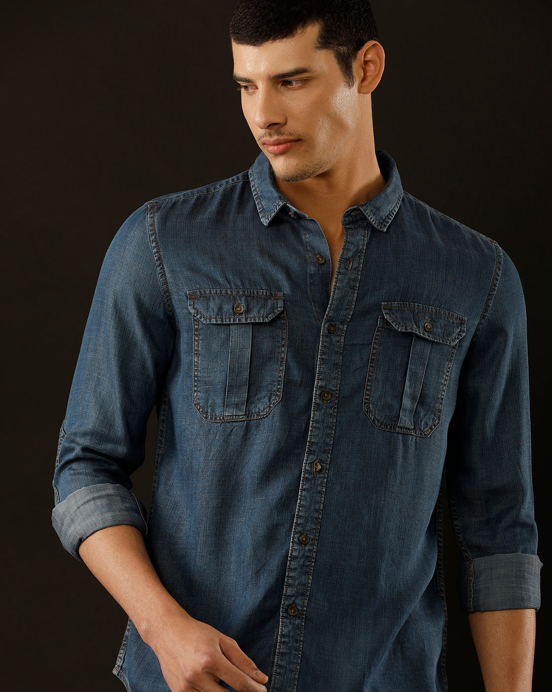 Men's Slim Fit Solid Denim Casual Shirt (POACH)