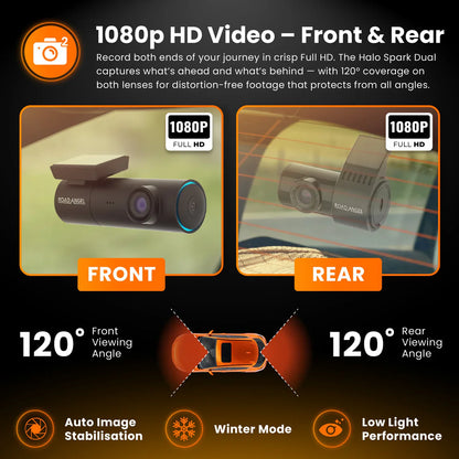 Road Angel Halo Spark Dual Deluxe 1080p Front & Rear Dash Cam with 64GB SD Card & Hardwire Kit