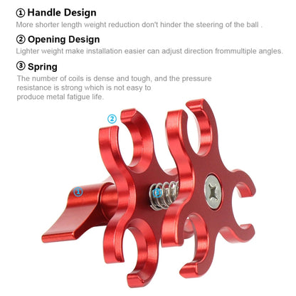 PULUZ Triple Ball Clamp Open Hole Diving Camera Bracket CNC Aluminum Spring Flashlight Clamp for Diving Underwater Photography System(Red)