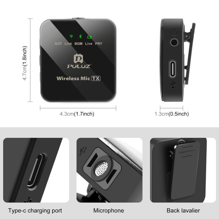 PULUZ 1 TX + 1 RX Wireless Lavalier Microphone (Black)