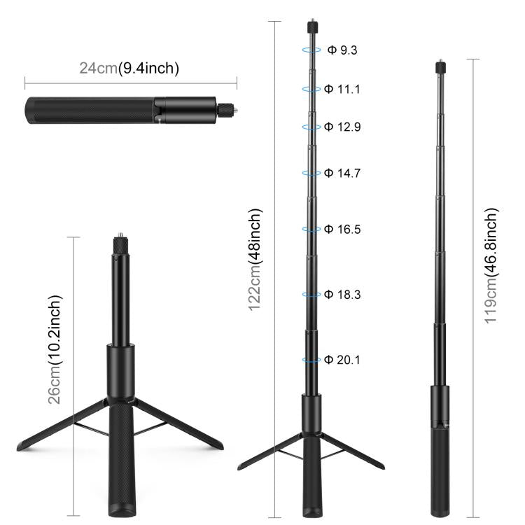 PULUZ 1.22m Retractable Invisible Selfie Stick with Tripod For Insta360 X4 / X4 Air / X3 (Black)