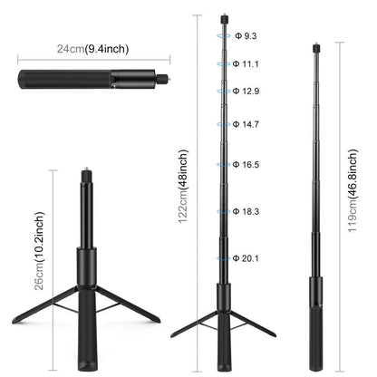 PULUZ 1.22m Retractable Invisible Selfie Stick with Tripod For Insta360 X4 / X4 Air / X3 (Black)