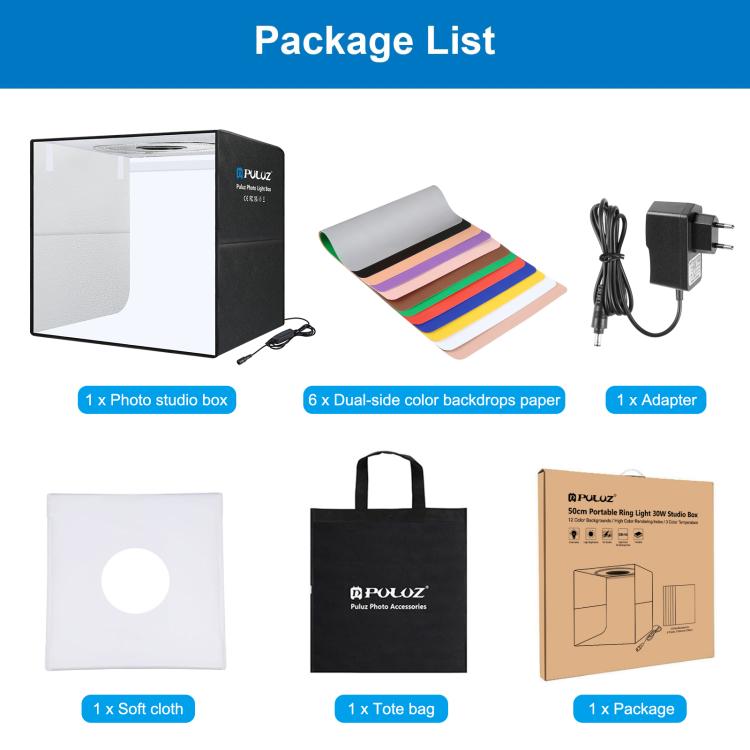 PULUZ 50cm Folding Portable Ring Light Photo Lighting Studio Shooting Tent Box with 6 x Dual-Side Backdrops, Size: 50cm x 50cm x 50cm  (EU Plug)