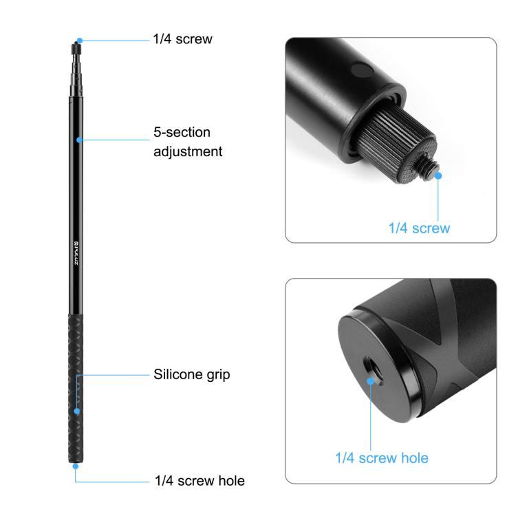PULUZ 3m Metal Selfie Stick Monopod  for Insta360 One RS / X2 / X3 / X4 / DJI Osmo 360 (Black)