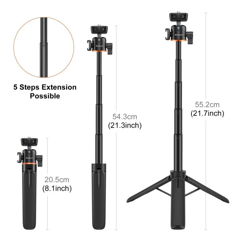 PULUZ Mini trépied d'extension pour caméra de téléphone, rotule à 360 degrés, griffe froide, perche à selfie (noir)