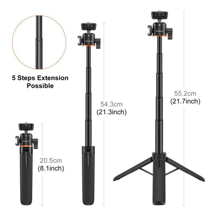 PULUZ Mini trépied d'extension pour caméra de téléphone, rotule à 360 degrés, griffe froide, perche à selfie (noir)
