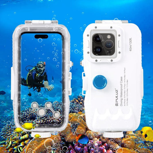 [US Warehouse] PULUZ Boîtier de plongée étanche 40m/130ft pour iPhone 15 Pro Max / 15 Plus / 14 Plus / 14 Pro Max / 13 Pro Max / 12 Pro Max / 11 Pro Max, avec Couvercle de boîtier sous-marin pour la prise de photos et vidéos avec valve unidirectionnelle
